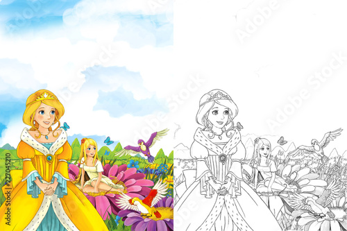 cartoon fairy tale scene with beautiful princess - two girls looking and flying birds on the meadow - illustration for children