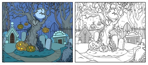 Scary old tree with tied pumpkins in an old abandoned cemetery with crypts linear drawing color and outlined for coloring