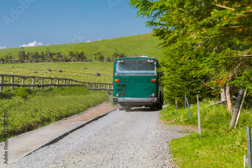 Green bus and beautiful landscape view of of Utsukushigahara is one of the most important and popular natural place in Nagano , Japan.