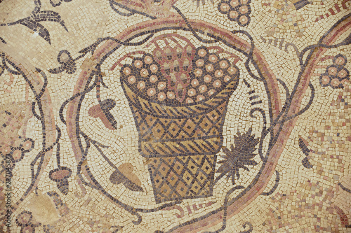 Ancient Roman floor mosaic in the Saint Stevens Church at an archeological site in Umm ar-Rasas, Jordan. UNESCO World heritage site