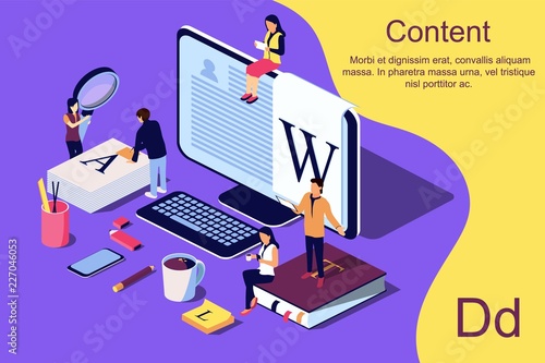 Isometric concept creative writing or blogging, education and content management for web page, banner, social media, documents, cards, posters. Vector illustration for news, copywriting