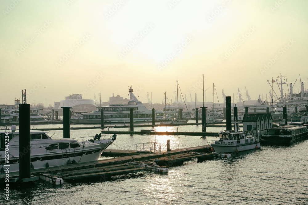 Hamburg Germany sky river sun mystic bridge water reflexion ship boat yacht harbour crane