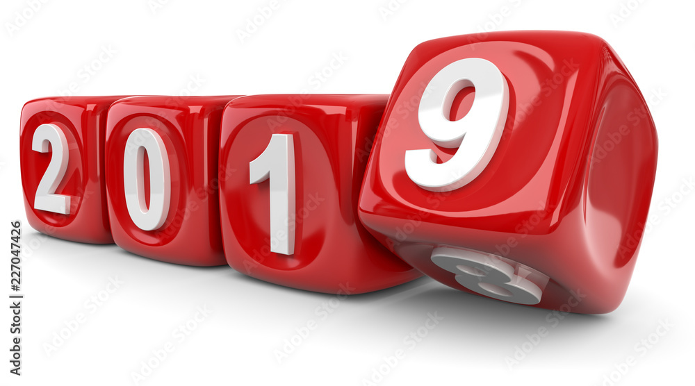3D Illustration Jahreswechsel 2019 rote Würfel 3D Illustration Jahreswechsel 2019 rote Würfel