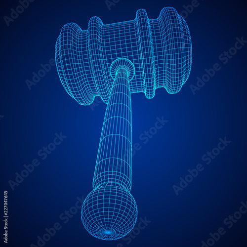 Gavel, hammer of judge or auctioneer. Wireframe low poly mesh vector illustration