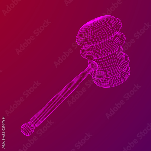 Gavel, hammer of judge or auctioneer. Wireframe low poly mesh vector illustration
