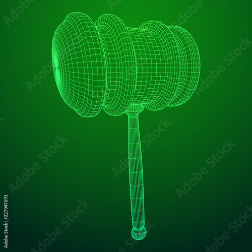 Gavel, hammer of judge or auctioneer. Wireframe low poly mesh vector illustration