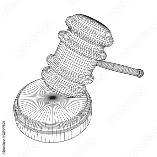 Gavel, hammer of judge or auctioneer. Wireframe low poly mesh vector illustration