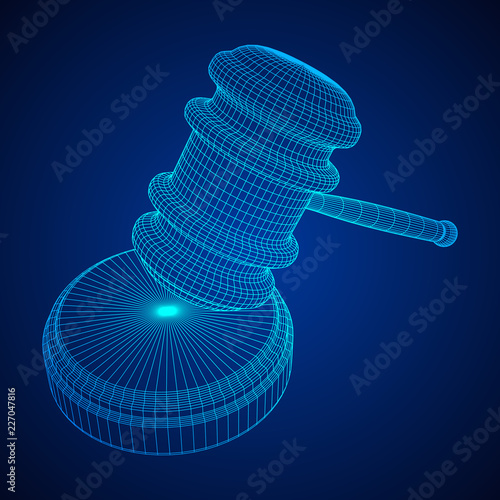 Gavel, hammer of judge or auctioneer. Wireframe low poly mesh vector illustration