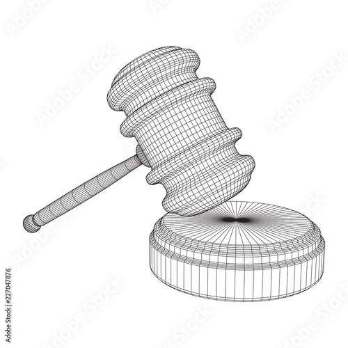 Gavel, hammer of judge or auctioneer. Wireframe low poly mesh vector illustration