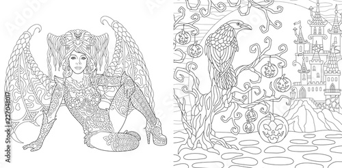 Coloring pages with Halloween angel or witch and raven bird