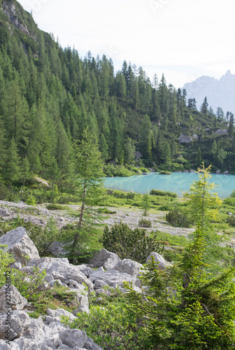 Detail shot of the wonderfull Sorapiss lake in the italian Alps, in the Dolomites mountains range close to Cortina in Veneto region, a unique place. The water of the lake is so blue it seems unreal photo