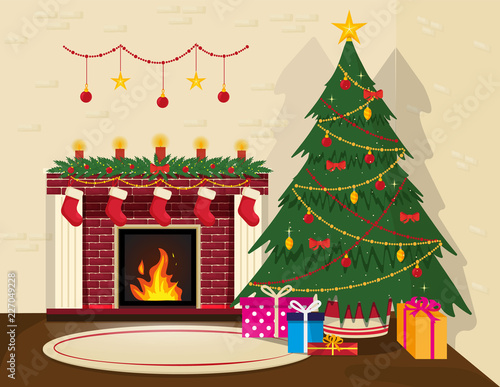 Cozy Christmas interior. Christmas tree and a fireplace stand by the brick wall in the corner. New Years decorations such as garlands, candles, Christmas toys. On the floor is a carpet and boxes with