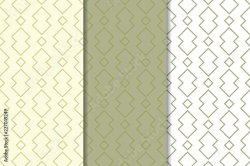 Olive green and white set of geometric seamless patterns