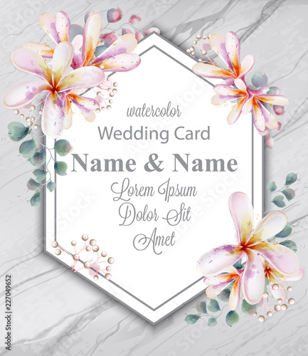 Tropic flowers watercolor greeting. Marble effect background. Frame decor Vector illustrations