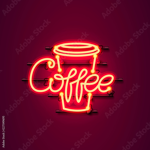 Neon coffee text icon signboard on the red background. Vector illustration