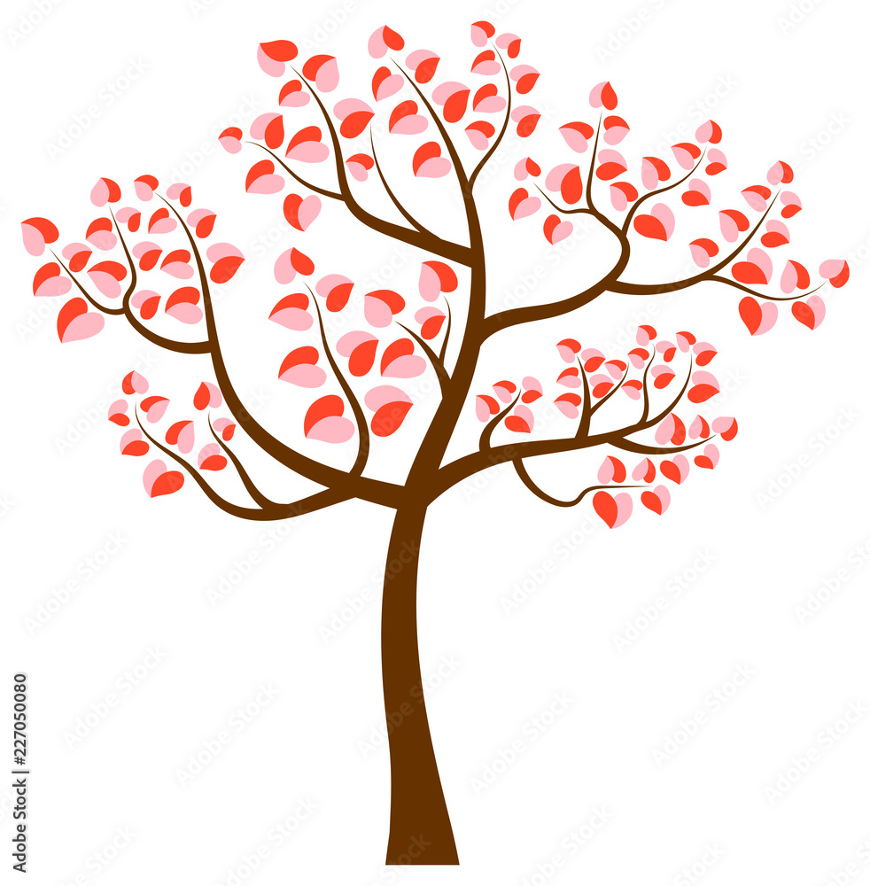 Vector tree with curvy branches and heart shaped leaves in pink and red colors
