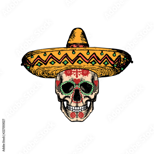 Vector illustration of skull in sombrero for Dia De Los Muertos. Day of the Dead background. Design concept.