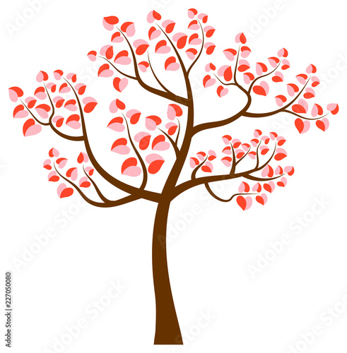 Vector tree with curvy branches and heart shaped leaves in pink and red colors © dollitude