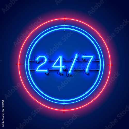Neon signboard 24 7 open time. Vector illustration