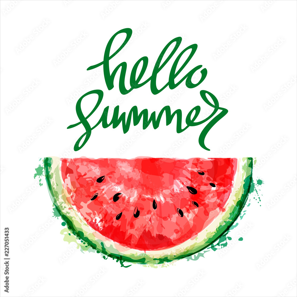Half a slice of watermelon on white background. Inscription hello summer. Summer design. Vector watercolor Half a slice of watermelon on white background. Inscription hello summer. Summer design. Vector watercolor