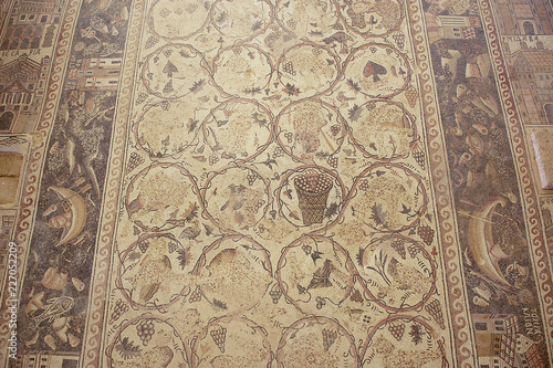 Ancient Roman floor mosaic in the Saint Stevens Church at an archeological site in Umm ar-Rasas, Jordan. UNESCO World heritage site photo