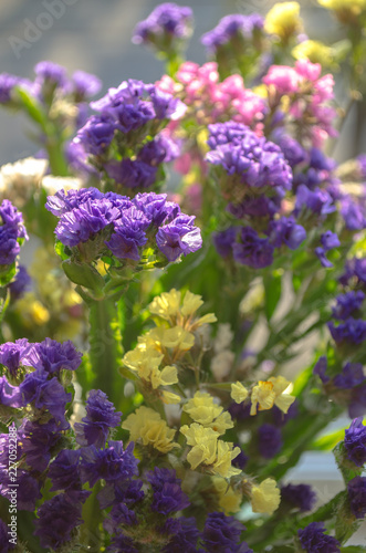 Yellow Pink Purple and white summer flowers in the bouquet closeup