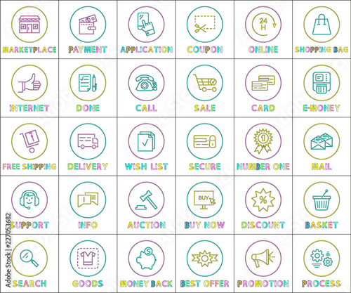 Internet Web Linear Outline Bright Round Icons Set