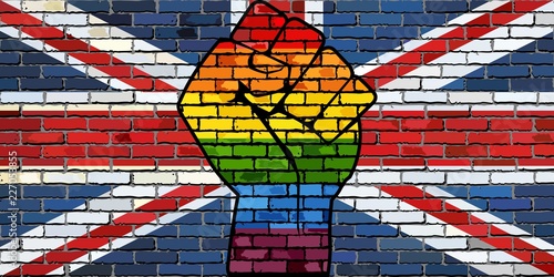 LGBT Protest Fist on a United Kingdom brick Wall Flag - Illustration, 
Brick Wall Great Britain flag and Gay flags