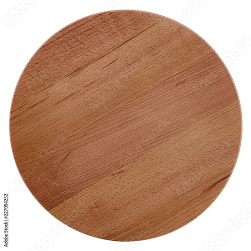 Round wooden cutting board, rustic dish, isolated on white background
