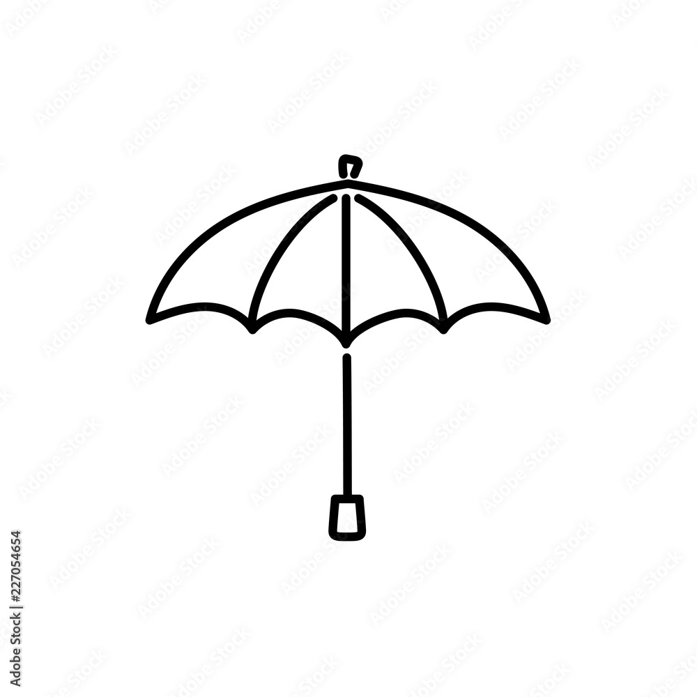 Black & white vector illustration of open umbrella with handle. Line icon of fashion accessory for men or women to protect from rain or bright sunlight. Isolated on white background. Black & white vector illustration of open umbrella with handle. Line icon of fashion accessory for men or women to protect from rain or bright sunlight. Isolated on white background.
