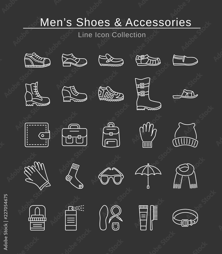 Men's shoes & accessories. Vector line icon set. Various styles of male footwear. Isolated objects. Boots, sneakers, sandals, slippers. Shoe care products: polish, cream, brush. Men's shoes & accessories. Vector line icon set. Various styles of male footwear. Isolated objects. Boots, sneakers, sandals, slippers. Shoe care products: polish, cream, brush.