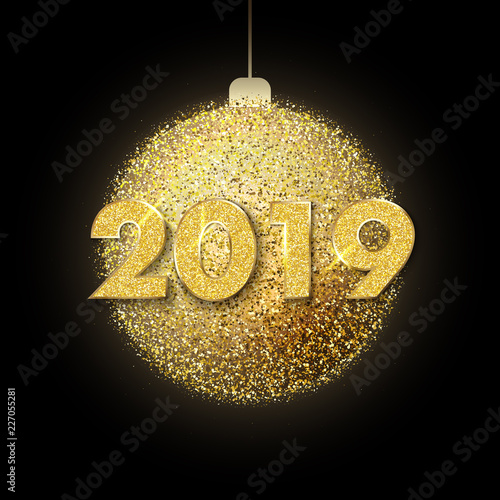 New Year and Christmas 2019 card with golden shiny Christmas ball.