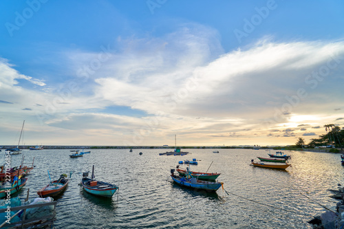 Landscape of view the fishing harbor Sunset Latinos There is a boat landing. In a fishing village in Rayong  Thailand  fishing is the main occupation of the people.