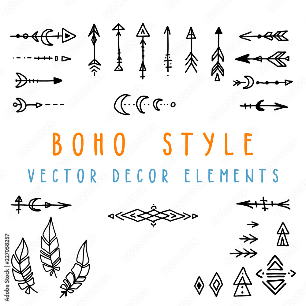 Set of hand drawn vector design elements in boho and esoteric style ...
