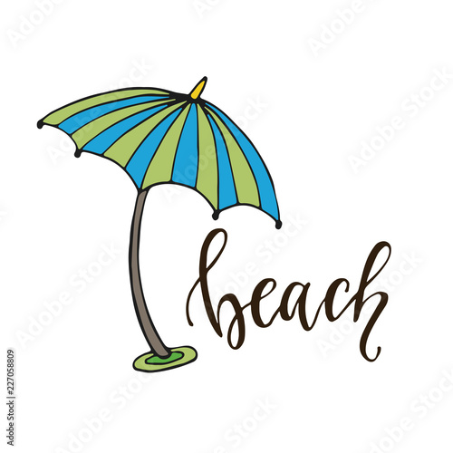 Beach umbrella illustration. Sticker print design. Summer banner element.