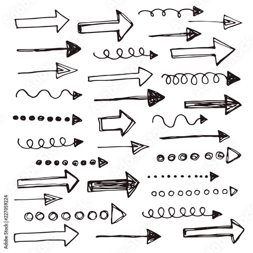 Hand drawn collection of abstract arrows. Doodle arrow vector illustration isolated on white background.