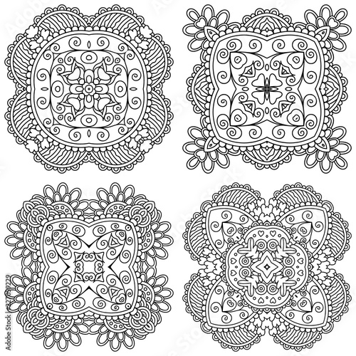  Set of black and white zentangle mandalas on a white background. Vector template mandala for decorating greeting cards, coloring books, art therapy, anti stress, print for t-shirt and textile.