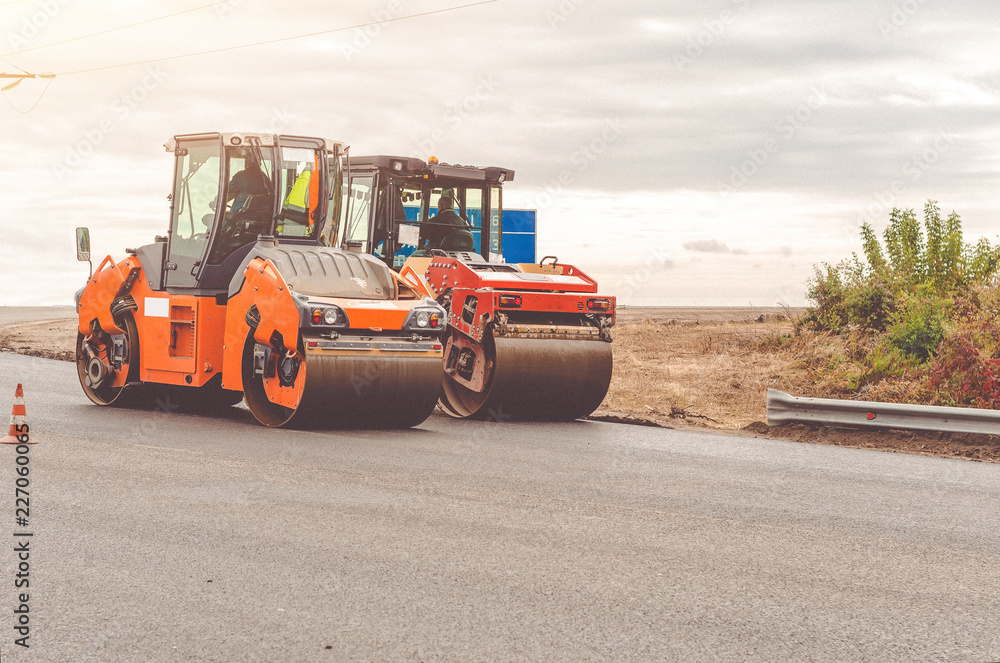 Road rollers, asphalt laying, road works Road rollers, asphalt laying, road works
