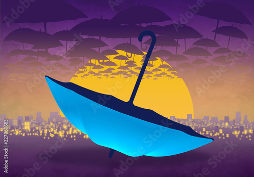 Cartoony Skyline Background at sunset with clouds and blue umbrella_01