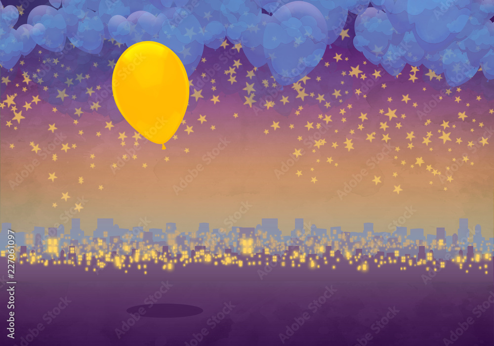 Cartoony Skyline Background at sunset with clouds, stars and yellow balloon_01 Cartoony Skyline Background at sunset with clouds, stars and yellow balloon_01