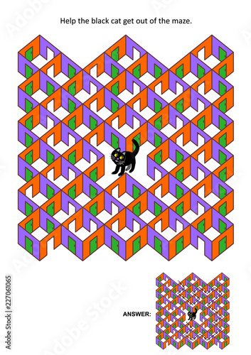 Halloween rooms and doors maze game or activity page: Help the black cat get out of the maze. Answer included.