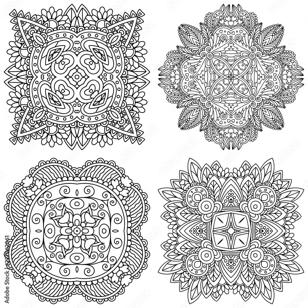 Set of black and white zentangle mandalas on a white background. Vector template mandala for decorating greeting cards, coloring books, art therapy, anti stress, print for t-shirt and textile. Set of black and white zentangle mandalas on a white background. Vector template mandala for decorating greeting cards, coloring books, art therapy, anti stress, print for t-shirt and textile.