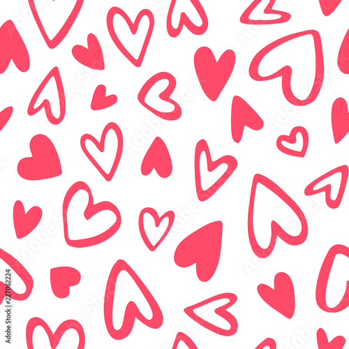 Cute uneven doodle style hearts seamless repeat vector pattern. Valentine's Day handmade background. Marker, pen drawn different heart shapes and silhouettes. Hand drawn ornamentation.