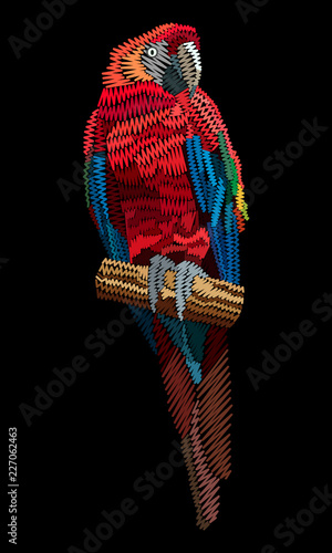 Decorative embroidery parrot macaw. Vector template stylized texture of embroidery, imitation of ornamental satin stitch. Pattern for printing on fabric, clothes, t-shirt. 