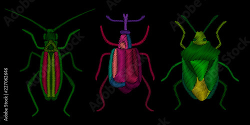 Embroidered beetle set stylized texture of embroidery, imitation of ornamental satin stitch. Vector pattern for printing on fabric, clothes, t-shirt.  © keykitty