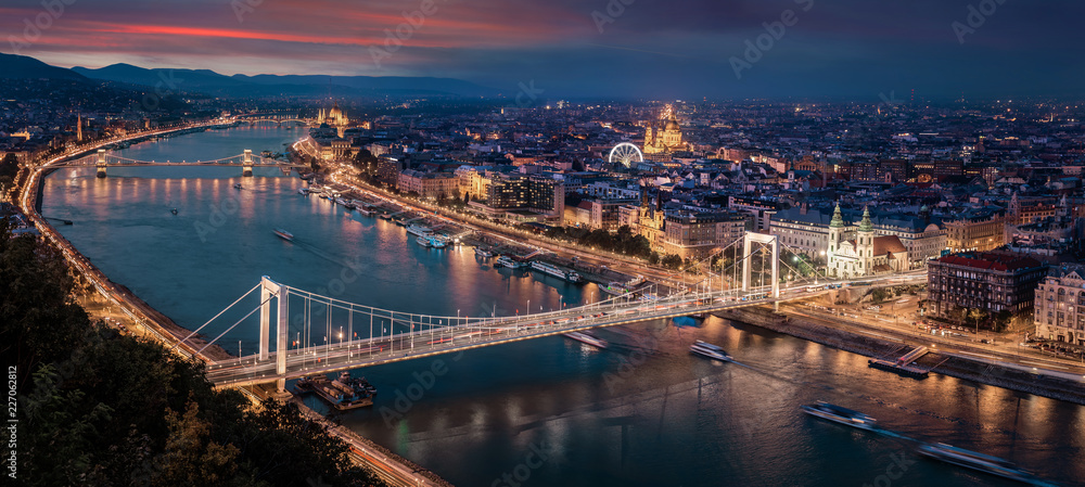 Budapest, Hungary - Aerial panoramic skyline of Budapest at sunset. This view includes Elisabeth Bridge (Erzsebet Hid), Parliament, Szechenyi Chain Bridge, St. Stephen's Basilica and other landmarks
