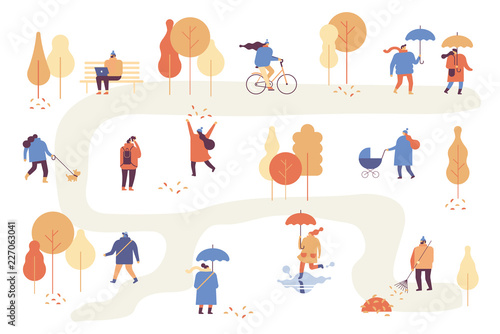 Fototapeta Naklejka Na Ścianę i Meble -  Different People in warm clothes having fun outdoors in urban park. Colorful Autumn park flat vector illustration.