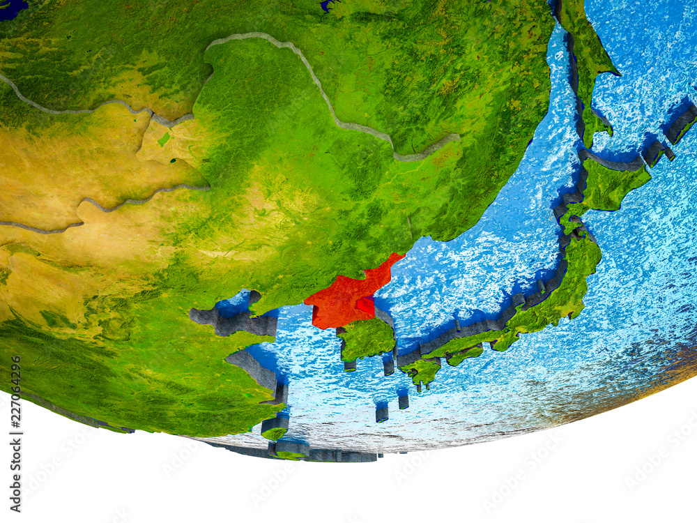 North Korea on 3D Earth with divided countries and watery oceans.