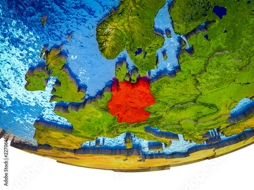 Germany on 3D Earth with divided countries and watery oceans.
