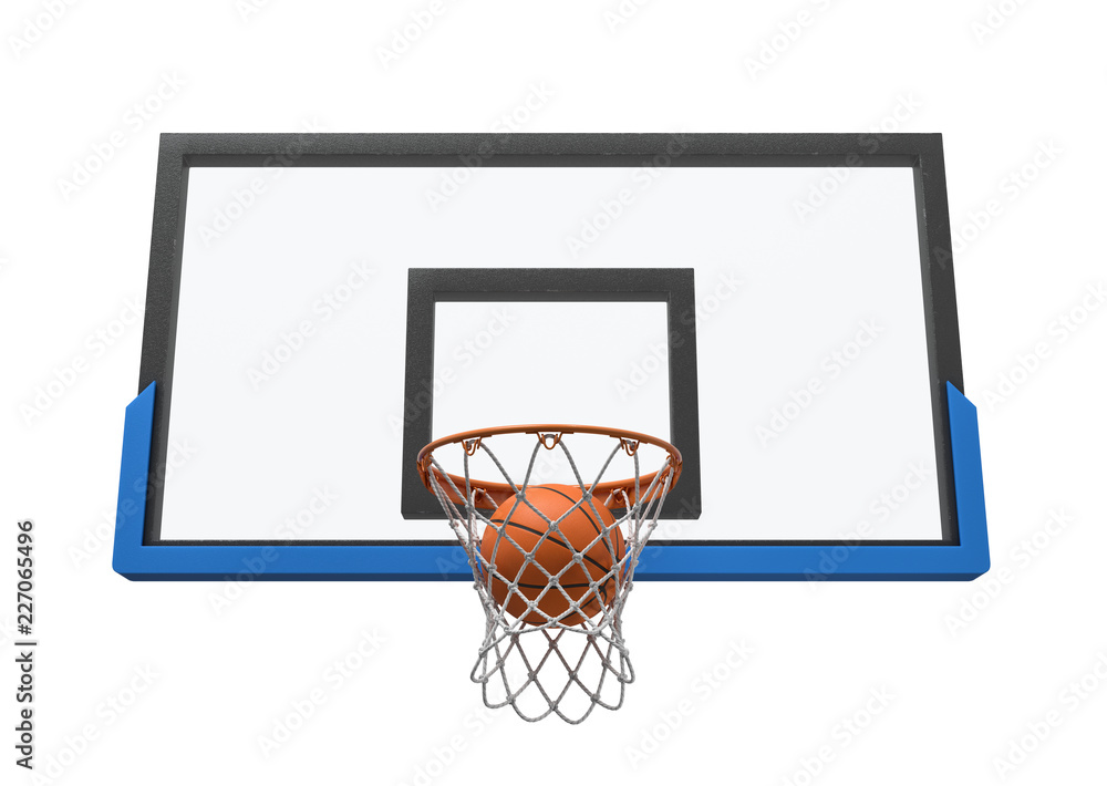 3d rendering of a basketball ball falling inside a basket attached to a transparent backboard.